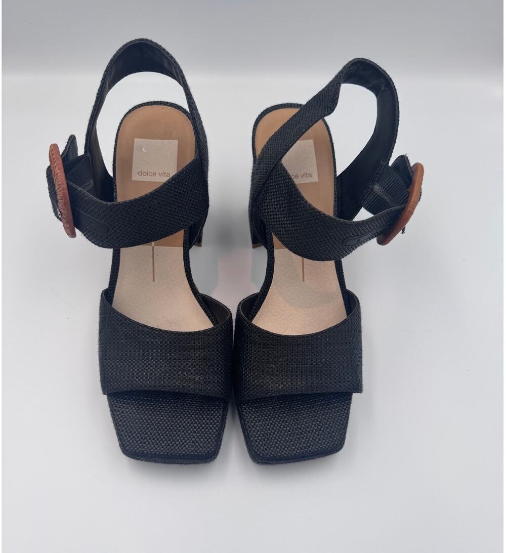 Dolce Vita Women's Black Raffia Block Heel Sandals Square Toe Ankle Strap Size 8